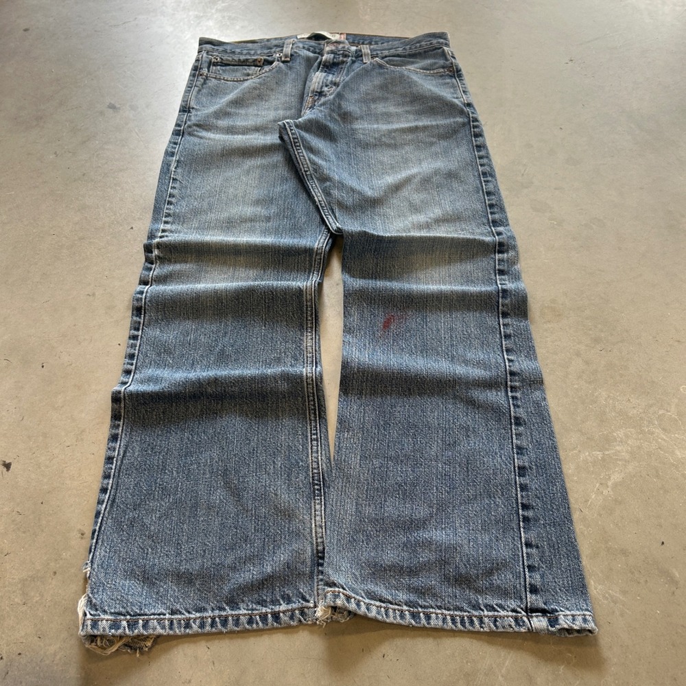 Levis 527 Low Boot Cut Jeans Mens 34x30 Blue Denim Distressed Medium Wash